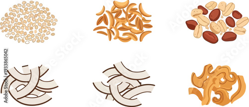 Dried seeds and snack ingredients collection featuring sesame peanuts coconut flakes and crispy toppings vector graphics