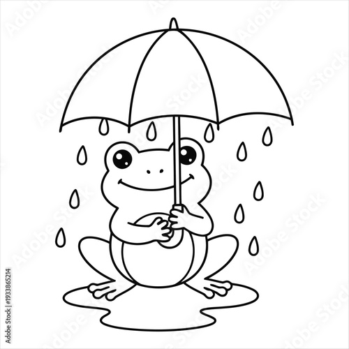 A cartoon frog sitting under an umbrella on a rainy day holding the umbrella handle with a smile on its face in a puddle of water  a cute and playful illustration. Animal Coloring Book Design