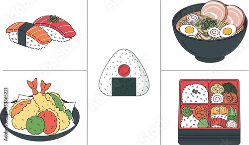 Japanese food set traditional asian cuisine illustration ramen sushi onigiri bento tempura menu collection