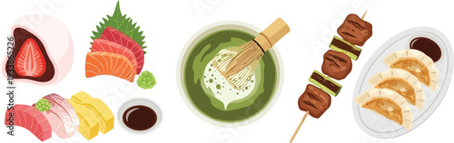 Japanese food items such as mochi sashimi sushi skewers and gyoza with matcha tea