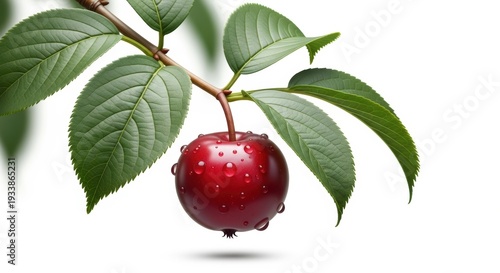 Fresh red cherry hanging from a lush green branch with dew drops visible