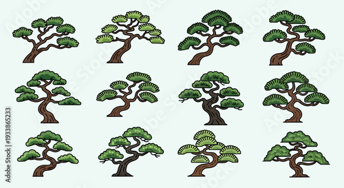 Collection of Japanese Bonsai Trees, Pixel Art Style