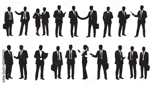 Silhouettes of Business Professionals in Various Interactions in Black and White for Corporate Use