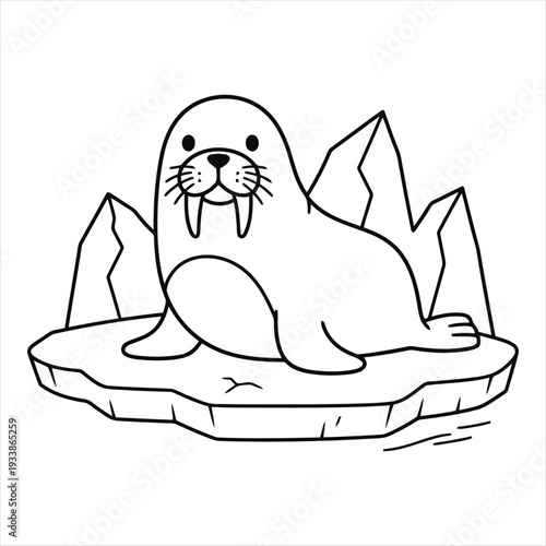 Cartoon walrus sitting on ice floe with icicles in the background  illustration for kids or children books or coloring books. Animal Coloring Book Design