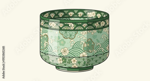 Green Japanese Tea Bowl with Floral and Wave Patterns