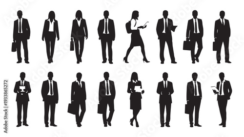 Business People Silhouettes in Various Poses and Actions in Black and White for Corporate Use