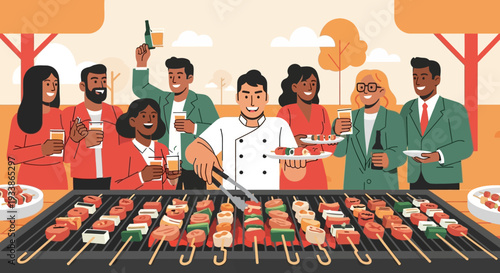 Happy people enjoying barbecue party with grilled skewers and drinks