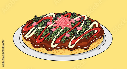 Okonomiyaki Japanese Savory Pancake Illustration