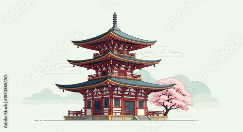 Pixel Art Pagoda and Cherry Blossom Tree