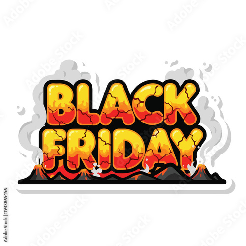 Vibrant Black Friday sale illustration with fiery text and smoke effects from a front viewpoint on a shopping scene