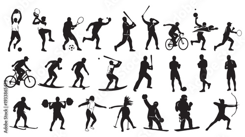 Silhouettes of athletes in various sports actions in dynamic poses with dramatic lighting on white background for fitness branding