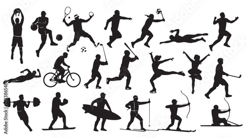 Silhouettes of athletes in various sports actions in dynamic poses with high contrast black on white background for fitness illustration