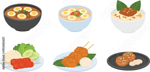 Set of six delicious thai foods with traditional ingredients and authentic recipes for a culinary journey