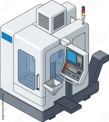 Industrial CNC Milling Machine with Control Panel and Safety Tower Light Isolated on White Background, Isometric Manufacturing Equipment Illustration
