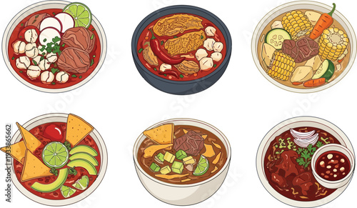 Six bowls of mexican pozole soup with garnishes like radishes lime corn and avocado slices