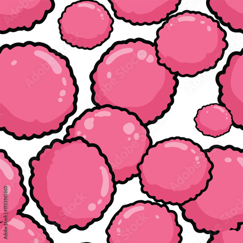 A vibrant illustration of pink cartoon berries scattered randomly from a close-up viewpoint in a lively environment