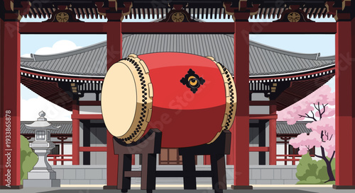 Japanese Taiko Drum in Front of Temple and Cherry Blossoms