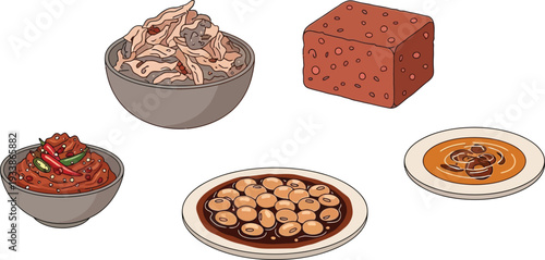 Various fermented and preserved food items including kimchi beans and fermented meat served on transparent background vector illustration