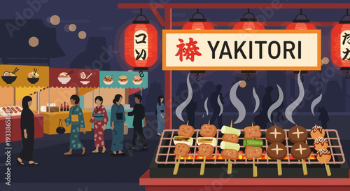 Japanese Yakitori Street Food Stall at Night Festival