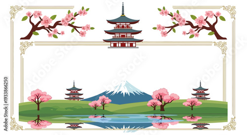 Japan Landscape: Pagodas, Mt Fuji, Cherry Blossoms, Reflection