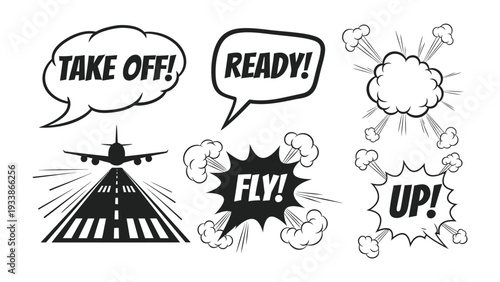 Ready for Takeoff: A dynamic illustration captures the energy and excitement of an airplane preparing for flight. Text bubbles punctuate the scene, adding a sense of urgency and anticipation
