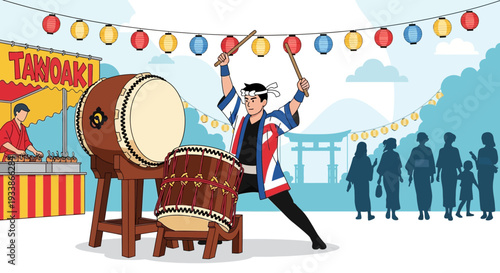 Japanese festival with taiko drummer and food stall
