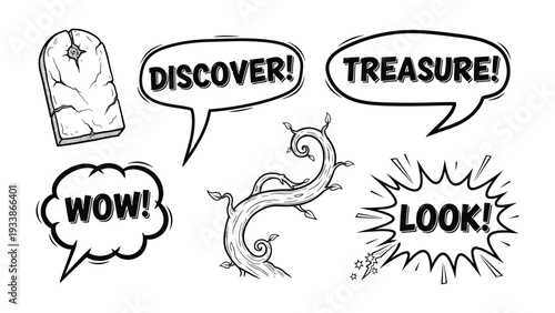 Adventure's Invitation: Hand-drawn style art with word bubbles inviting discovery, excitement, and a treasure hunt, conjuring the spirit of exploration.