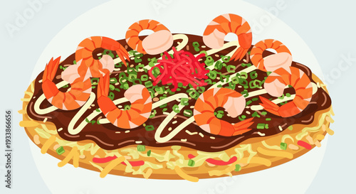 Delicious Okonomiyaki with Shrimp and Scallions