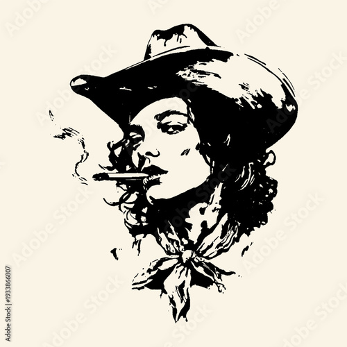 Vintage Cowgirl Smoking Cigar Retro Ink Portrait Illustration