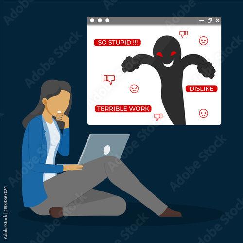 Woman Upset by Cyberbullying and Online Harassment on Laptop
