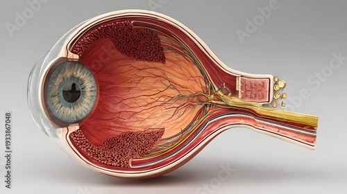 Human eye cross-section displaying retina, cornea, lens, and optic nerve, precise medical illustration