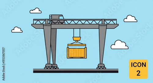 Gantry crane lifting shipping container industrial equipment illustration.