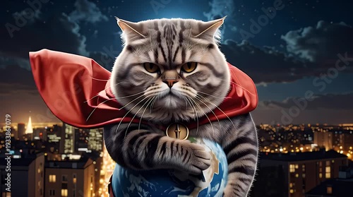 Heroic cat with cape overlooking cityscape at night