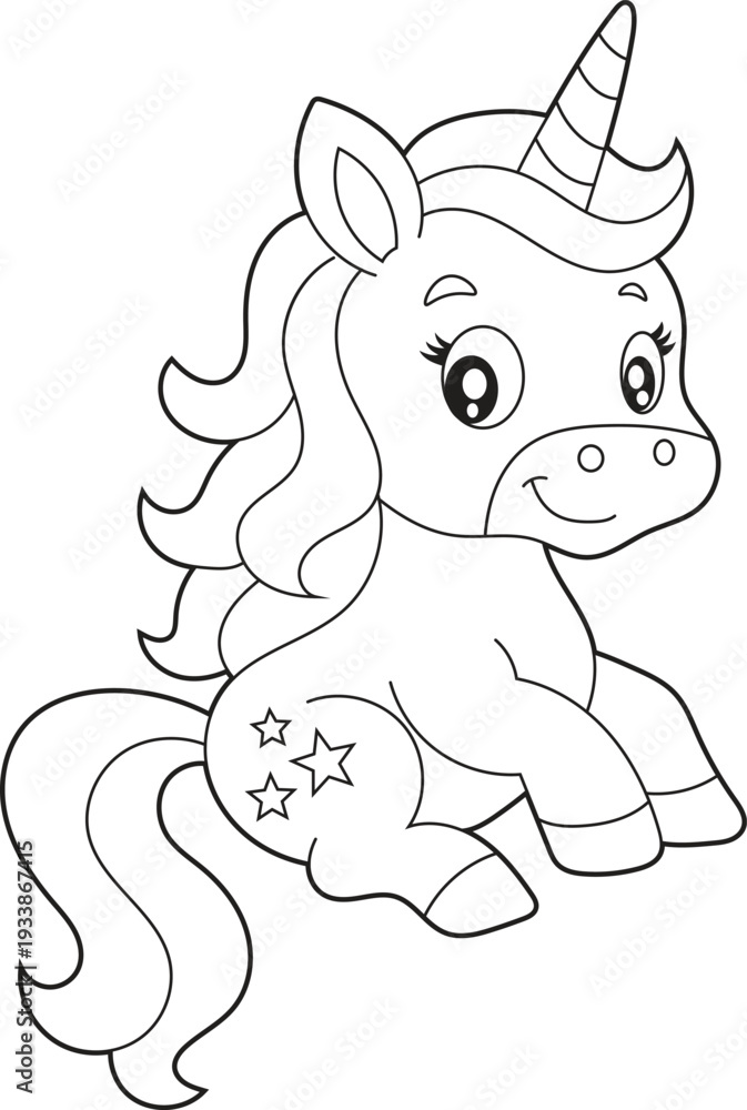 Obraz premium Cute Baby Unicorn Sitting Coloring Page for Kids. Simple Cartoon Fantasy Animal Character Outline