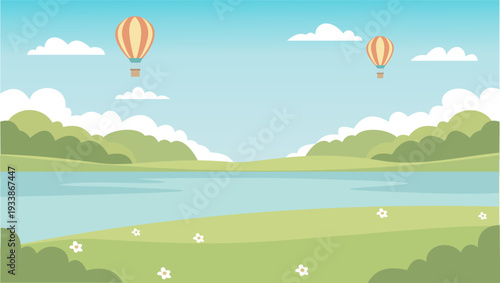 Spring landscape panorama with a calm lake, green meadows, and hot air balloons. Vector background of a peaceful river side with fluffy clouds and blue sky for nature banners