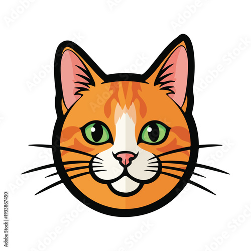 A vibrant orange cat face illustration viewed straight on showcasing striking green eyes and whiskers in a simple graphic style