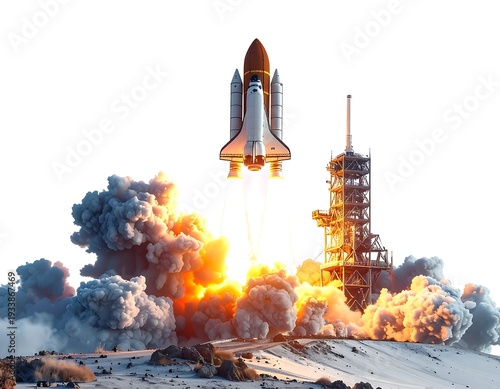 A space shuttle ascends amid fire and smoke, accompanied by a launch tower against a bright, clear sky