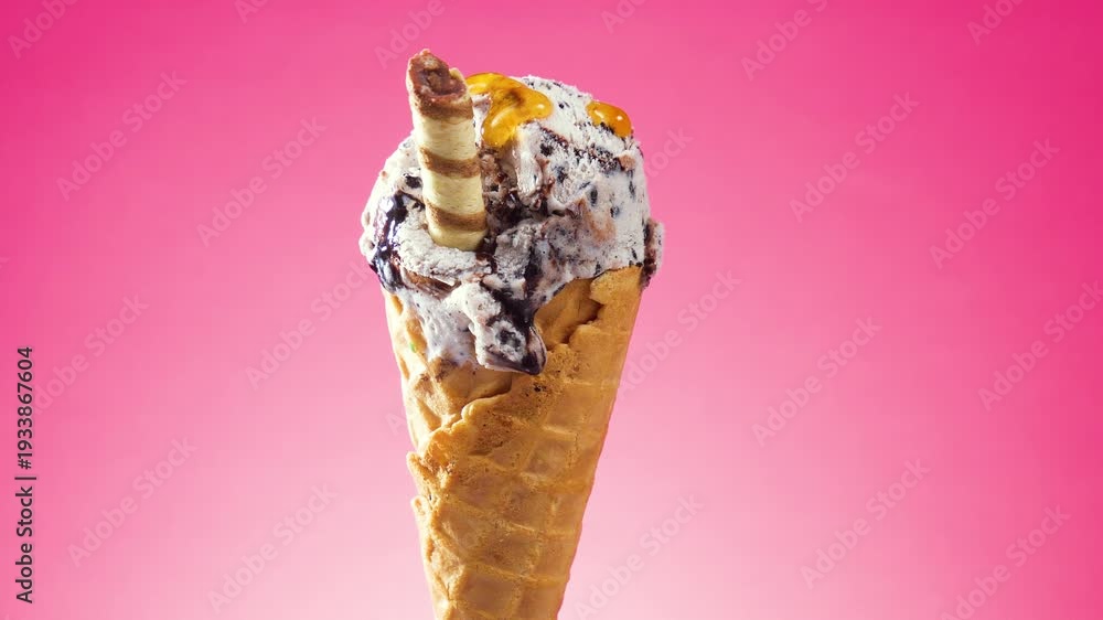 custom made wallpaper toronto digitalIce cream in a waffle cone slowly rotates around its axis against a bright background, with fruit syrup slowly poured on top.