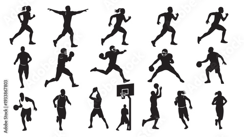 Basketball Players Silhouettes in Dynamic Poses with High Contrast Lighting on White Background for Sports Illustration