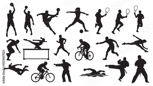 Silhouettes of athletes in various sports actions in dynamic poses with dramatic lighting on white background for sports illustration