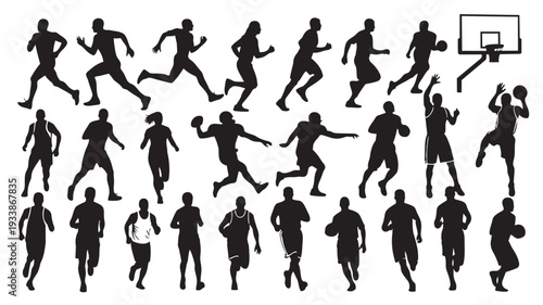 Basketball Players in Action Silhouettes on White Background for Sports Illustration