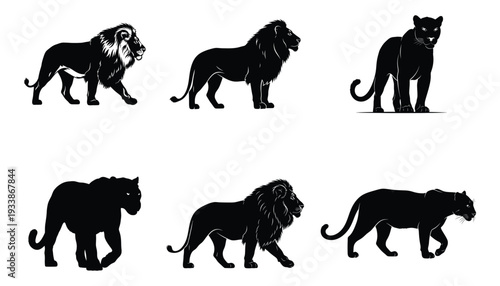 Set of lion and lioness silhouettes
