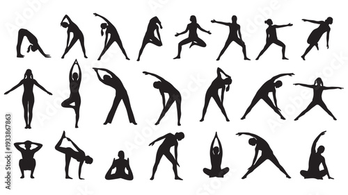 Yoga Silhouettes in Various Poses on White Background in Black and White High Contrast for Fitness Illustration