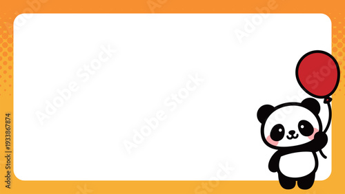風船を持ったかわいいパンダのキャラクターフレーム｜シンプルで使いやすい動物イラスト Cute Panda Character Frame / Simple Animal Illustration
