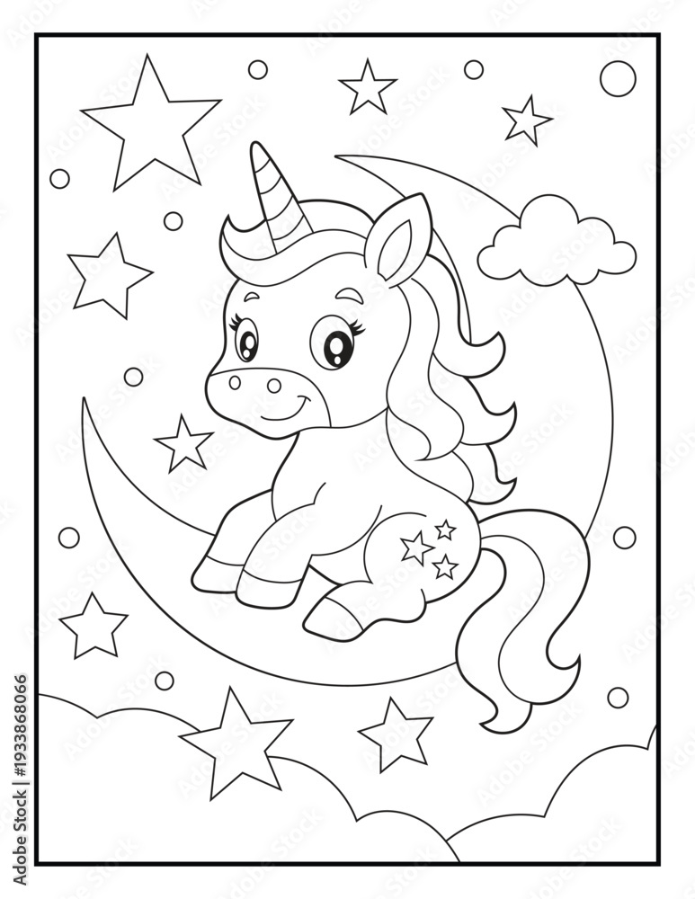 Naklejka premium Cute Baby Unicorn Sitting on Crescent Moon Coloring Page for Kids. Magical Night Sky Scene with Stars