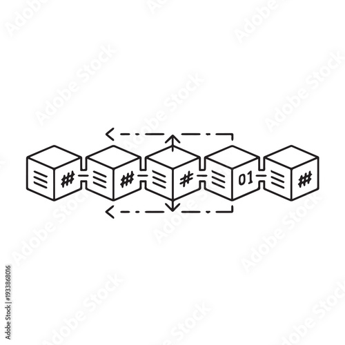 Isometric illustration of interconnected blockchain blocks forming a digital network.