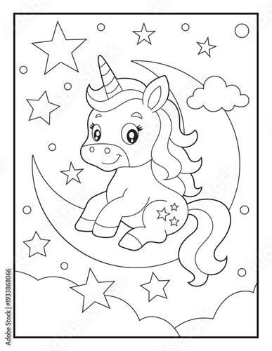 Wallpaper Mural Cute Baby Unicorn Sitting on Crescent Moon Coloring Page for Kids. Magical Night Sky Scene with Stars  Torontodigital.ca