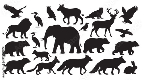 Wild Animals Silhouettes in Various Poses and Species in Black on White Background for Wildlife Conservation