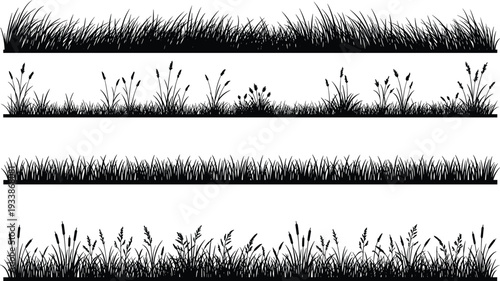 Collection of black grass silhouette borders various wild meadow tufts tall blades detailed grass with seed heads nature landscape elements vector set