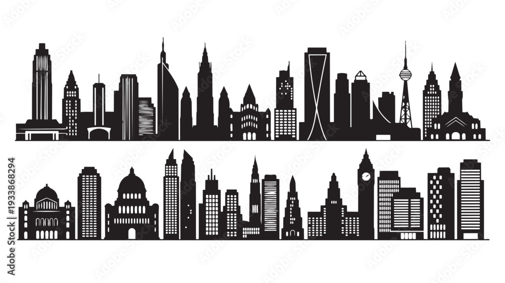 Obraz premium City Skyline Silhouette Modern Architecture Black and White Vector Illustration for Urban Design
